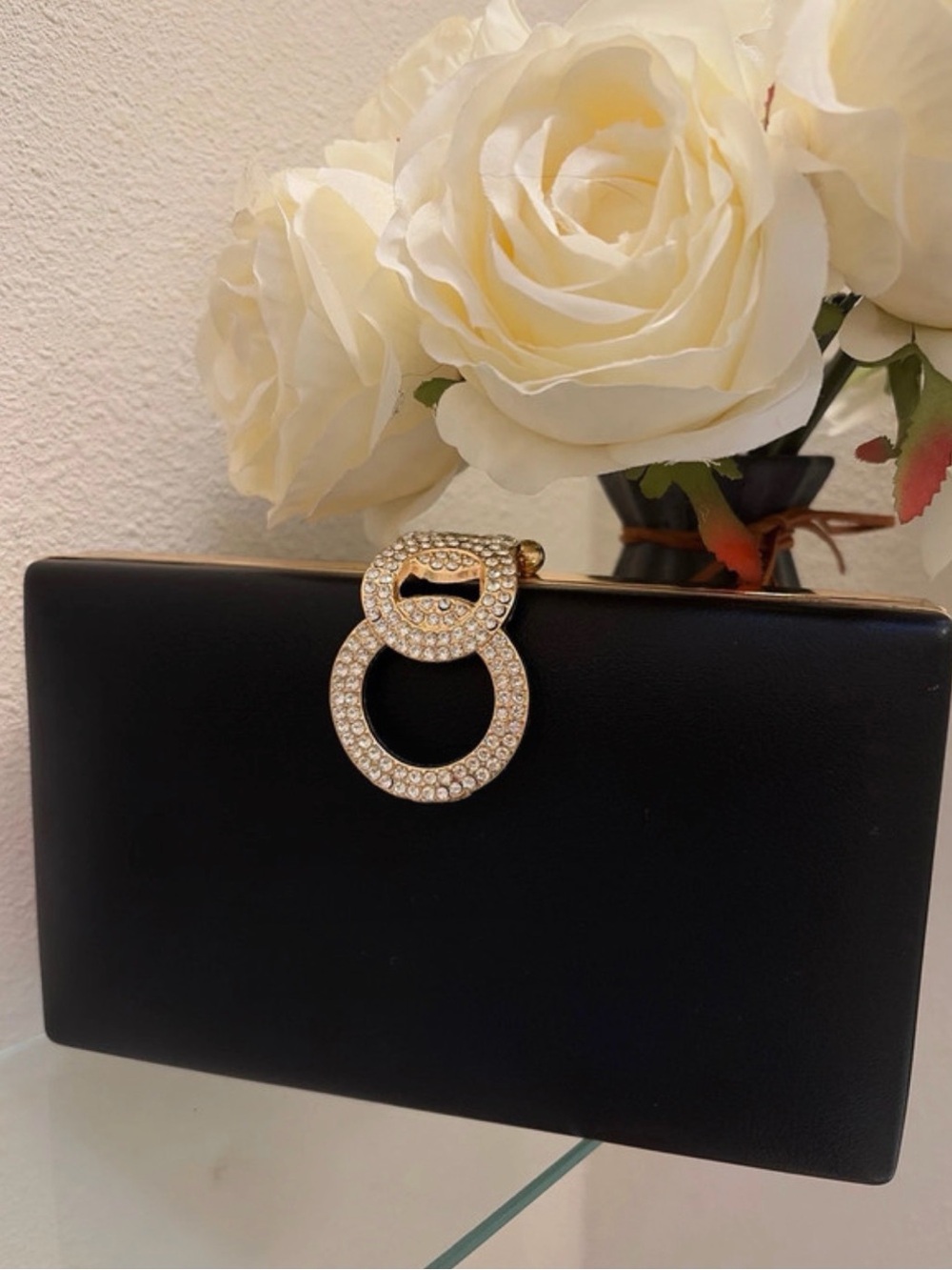 Black Evening Clutch with Gold Crystal Ring Accent